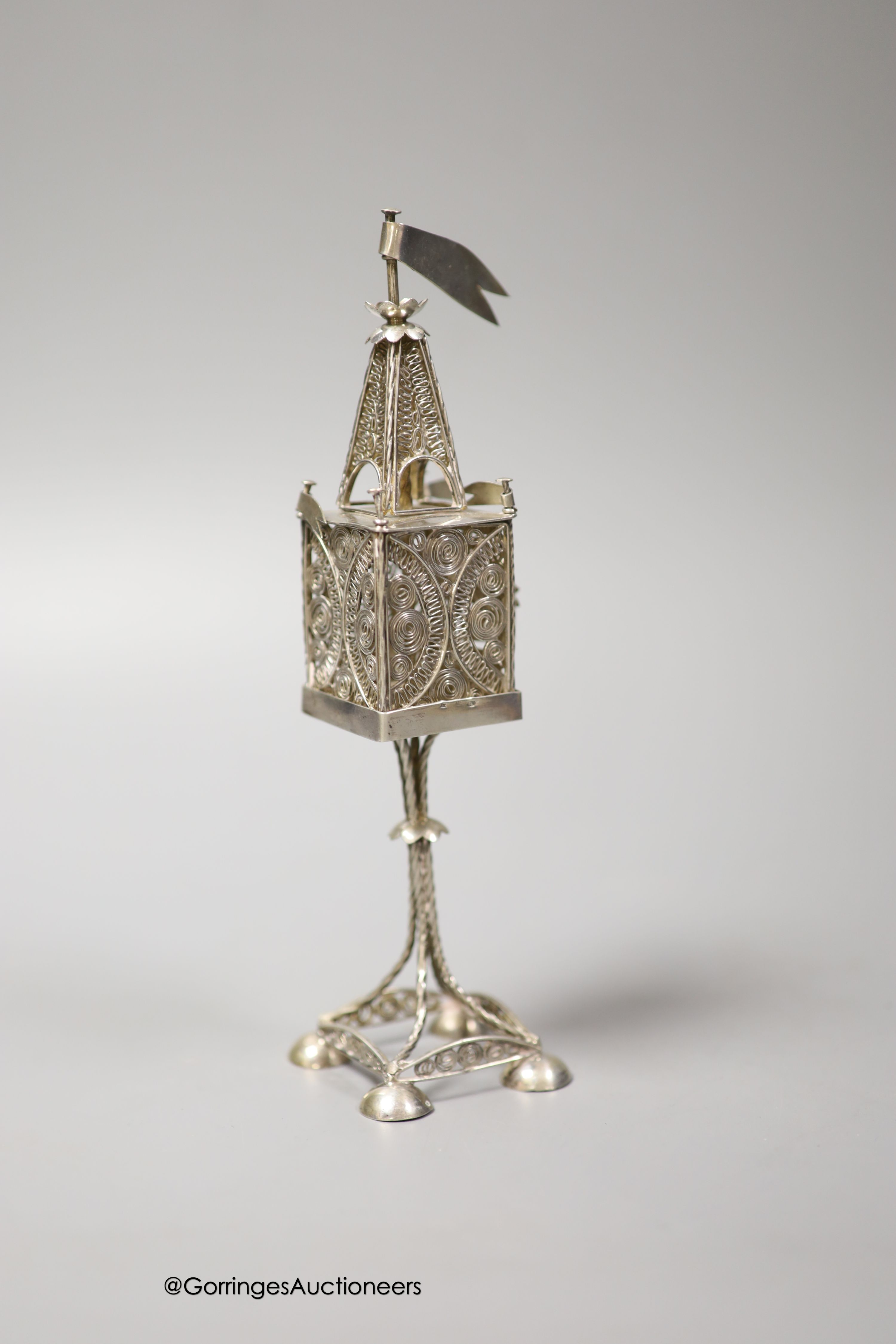 An early to mid 20th century Austrian 800 standard filigree white metal spice tower, height 19.1cm, 104 grams.